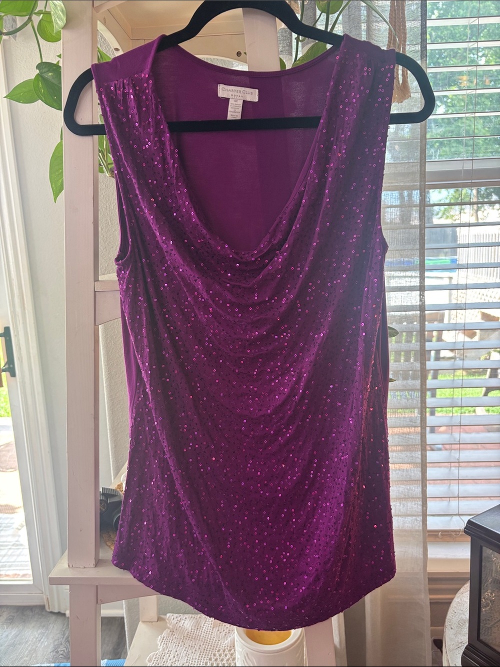 Charter Club Purple Sequin Cowl Neck Sleeveless Top